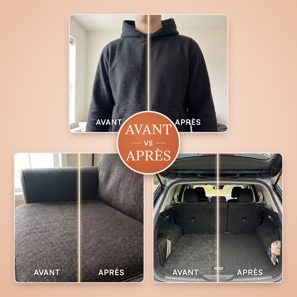 Avant / après Poilette : sweat, canapé et coffre de voiture