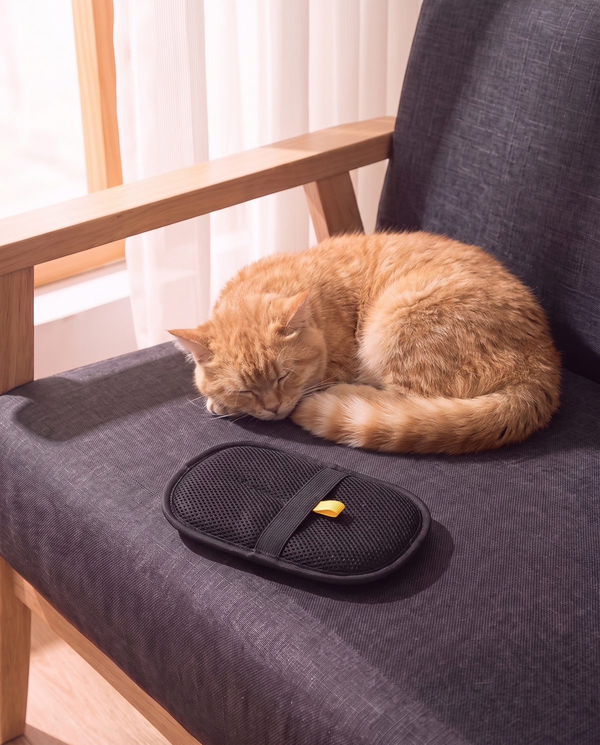 Chat endormi sur un canapé propre à côté du gant Poilette